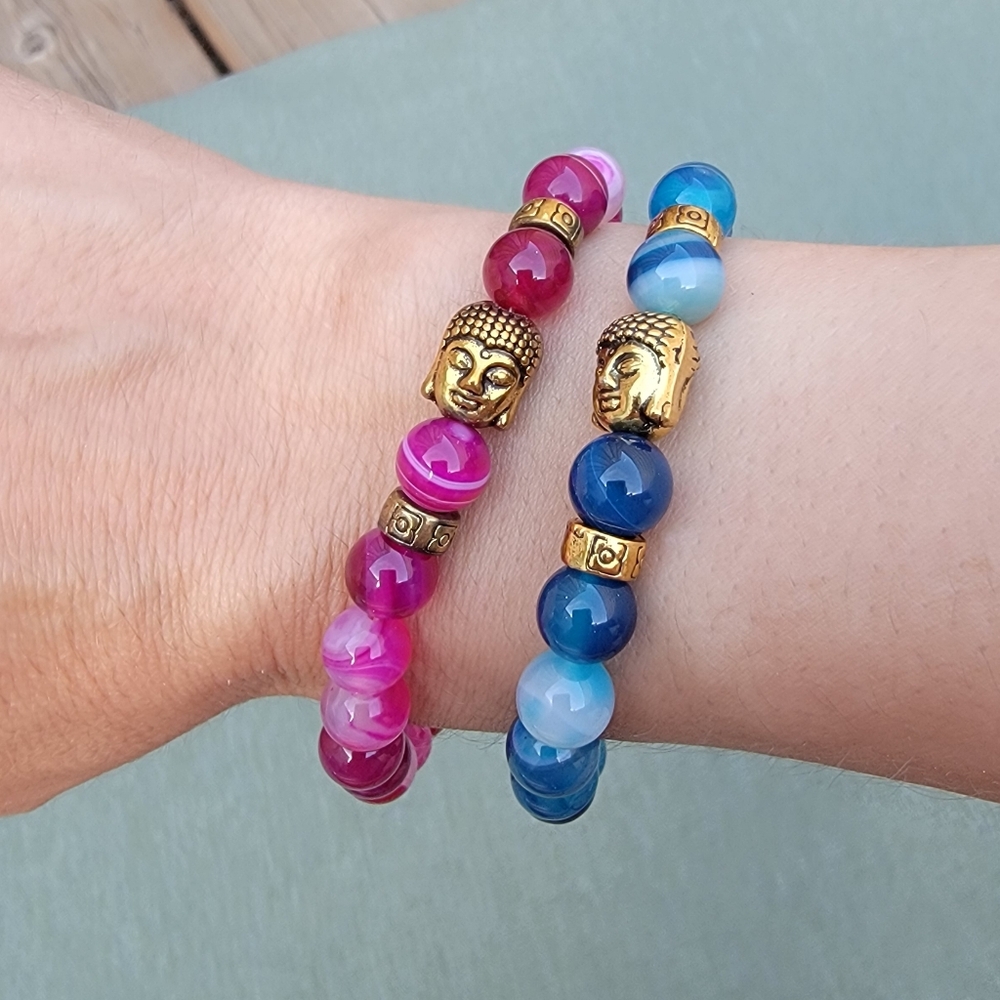 Bundle of 2 Vibrant Beaded Bracelets – Pink & Blue with Gold Buddha Bead